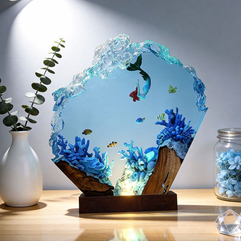 Mermaid Resin Wood Lamp Handcrafted Nautical Bedroom Light