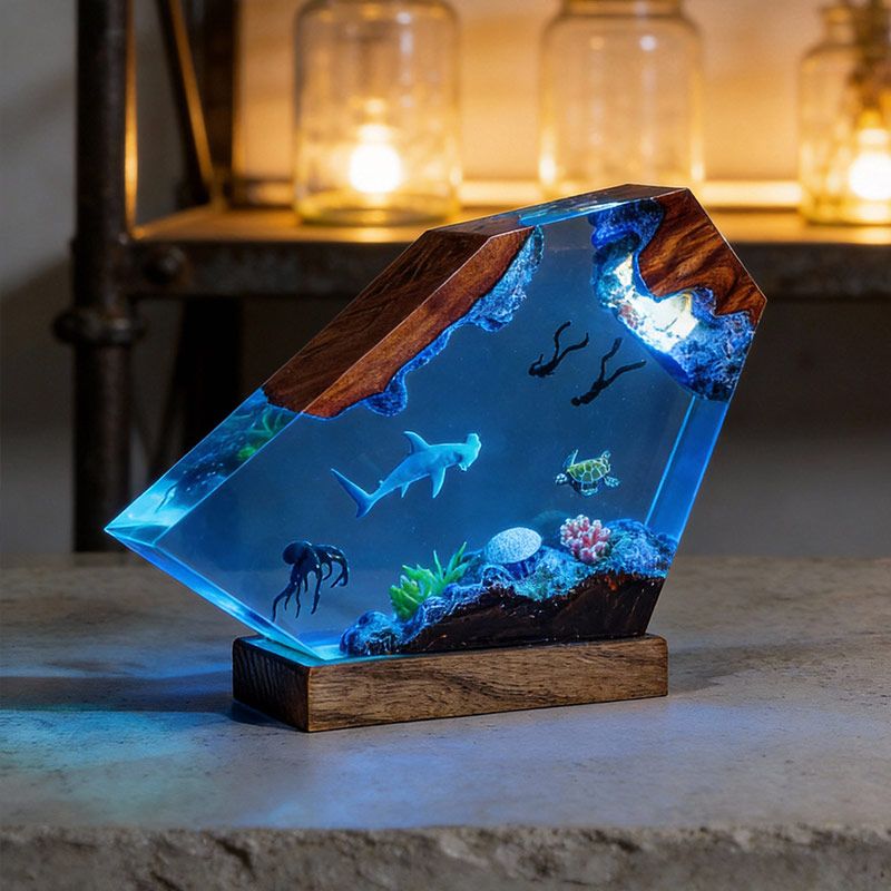 Hammerhead Shark Resin Lamp Oceanic Epoxy Night Light for Bedroom Decor