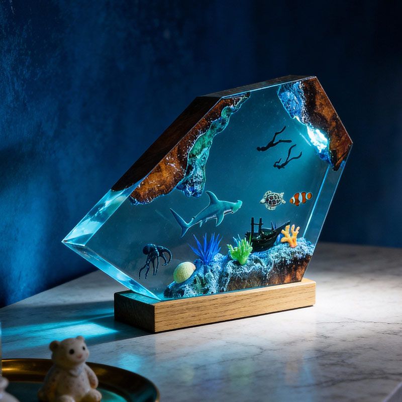Hammerhead Shark & Shipwreck Resin Lamp Ocean Diorama Deep Sea Art