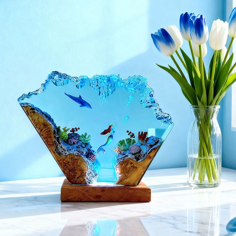 Mermaid & Dolphin Resin Lamp Ocean Theme Night Light for Bedroom Decor