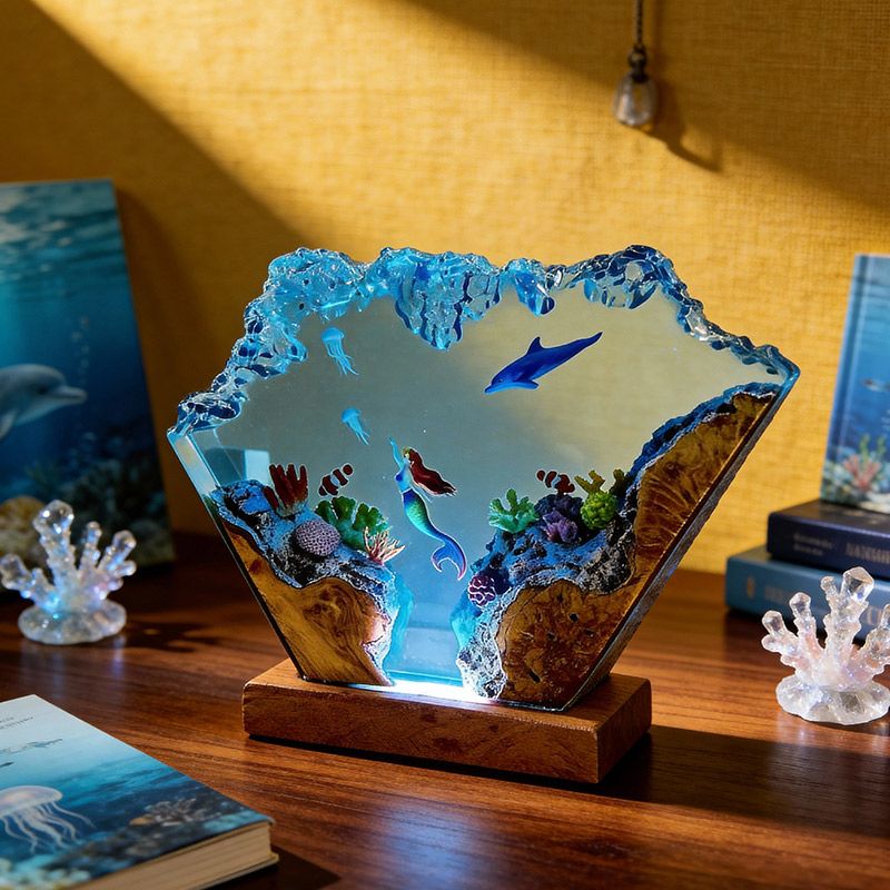 Mermaid & Dolphin Resin Lamp Ocean Theme Night Light for Bedroom Decor