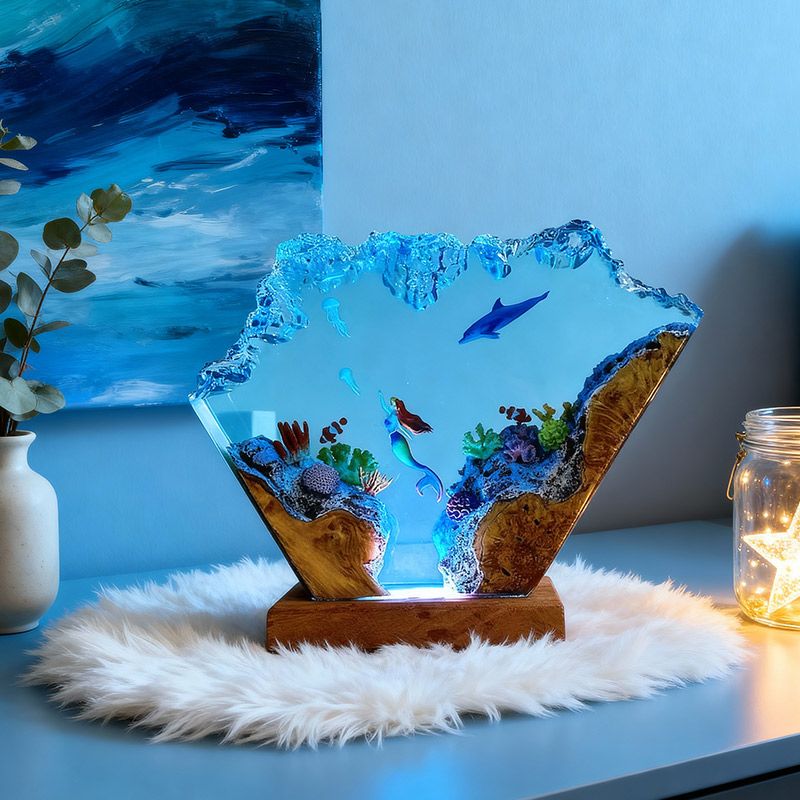 Mermaid & Dolphin Resin Lamp Ocean Theme Night Light for Bedroom Decor