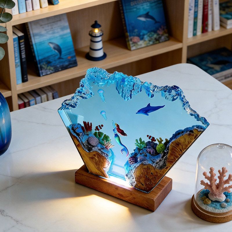 Mermaid & Dolphin Resin Lamp Ocean Theme Night Light for Bedroom Decor