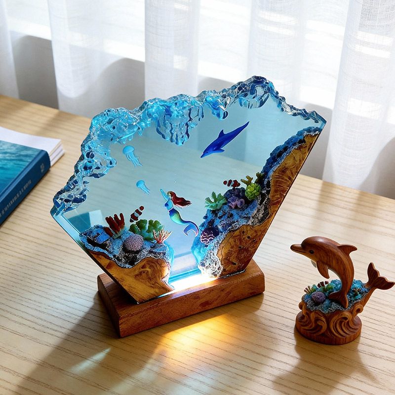 Mermaid & Dolphin Resin Lamp Ocean Theme Night Light for Bedroom Decor
