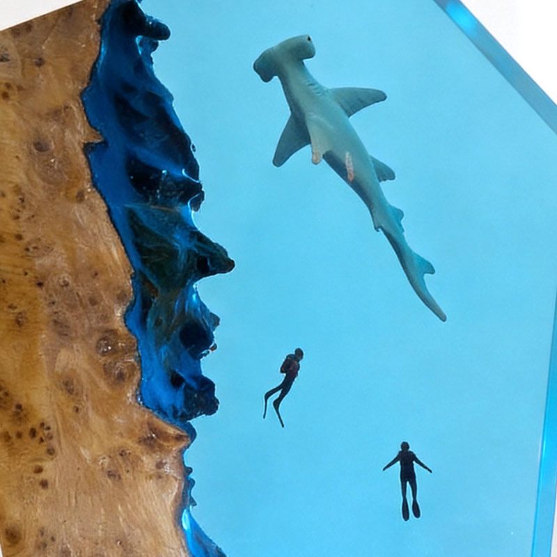 Captivating Marine Resin Lamp: Hammerhead Shark & Divers Gift Idea