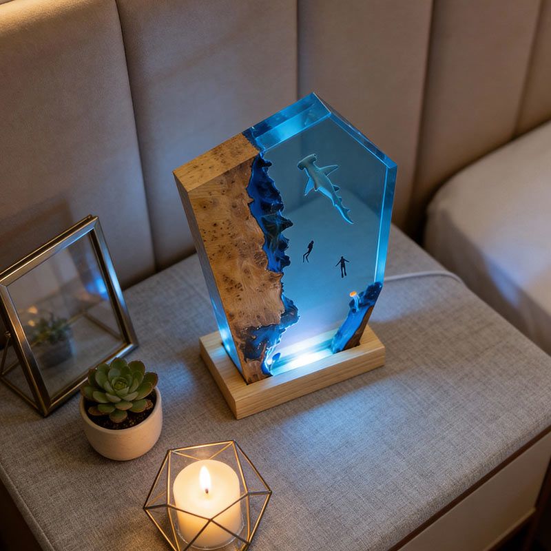 Captivating Marine Resin Lamp: Hammerhead Shark & Divers Gift Idea