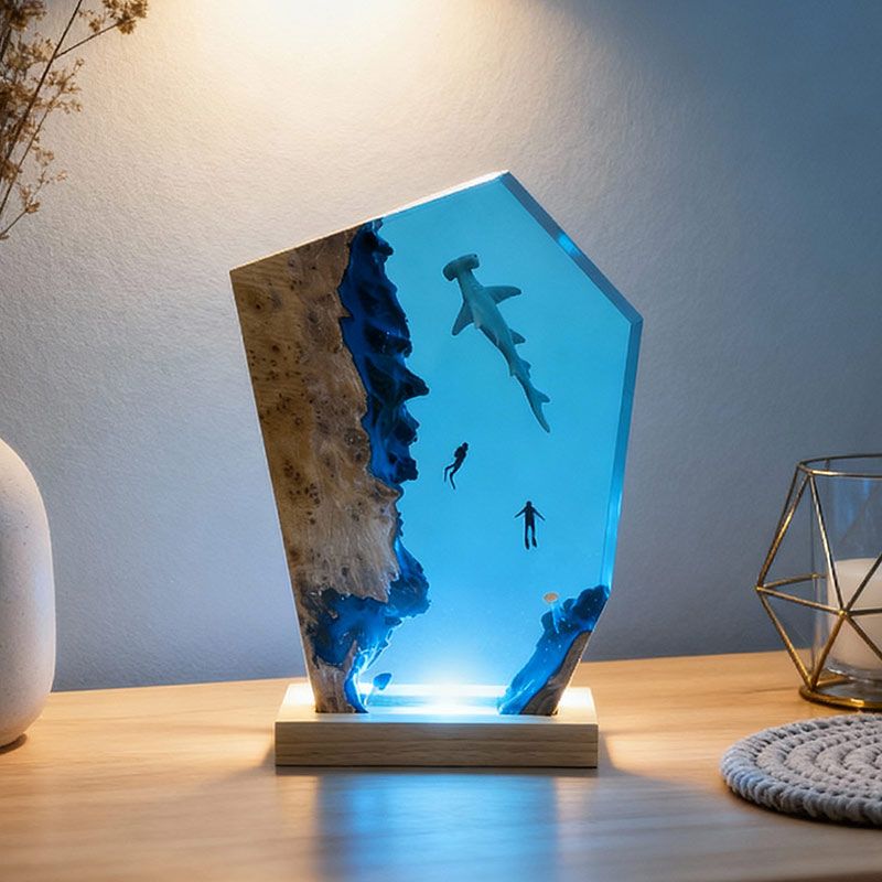 Captivating Marine Resin Lamp: Hammerhead Shark & Divers Gift Idea
