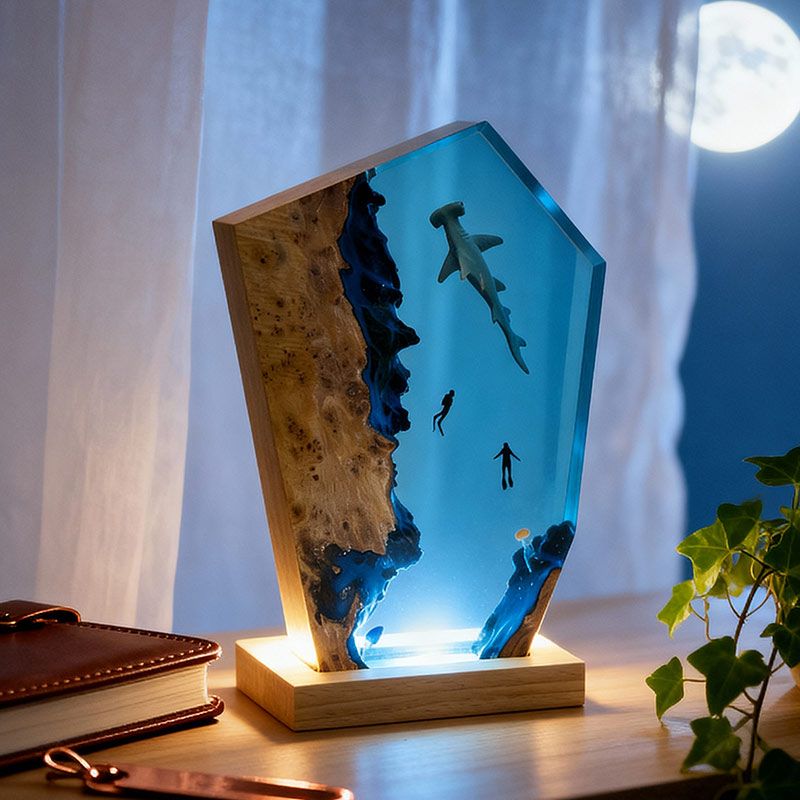 Captivating Marine Resin Lamp: Hammerhead Shark & Divers Gift Idea