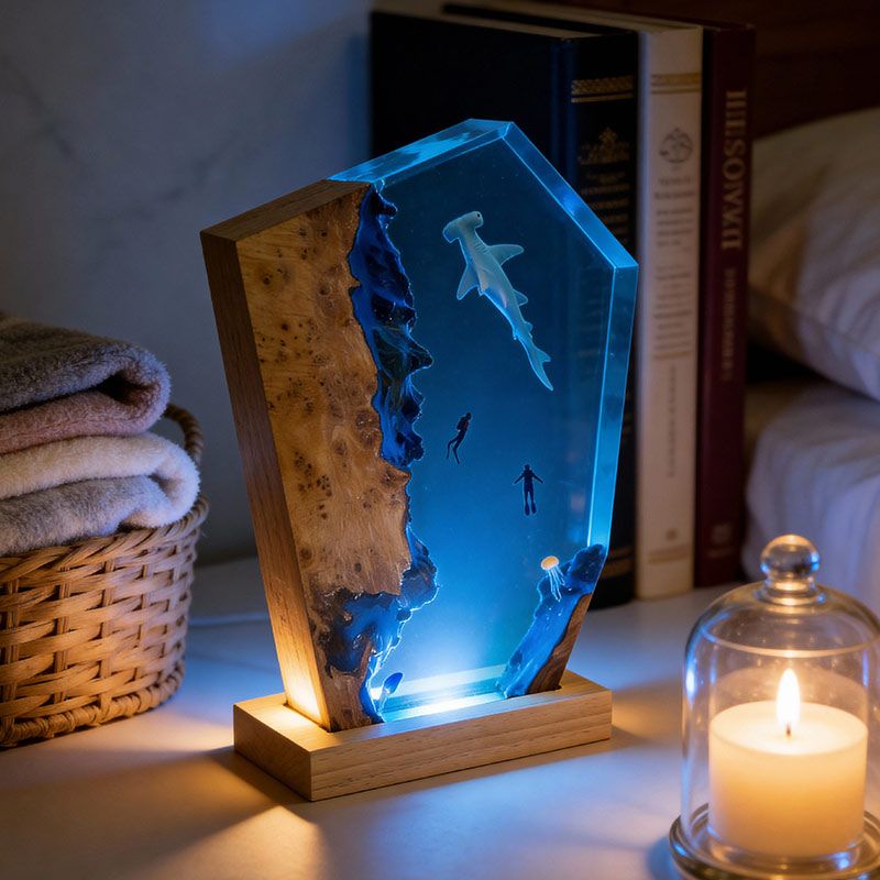 Captivating Marine Resin Lamp: Hammerhead Shark & Divers Gift Idea