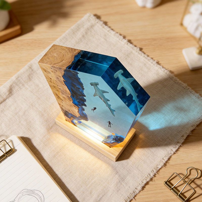 Captivating Marine Resin Lamp: Hammerhead Shark & Divers Gift Idea