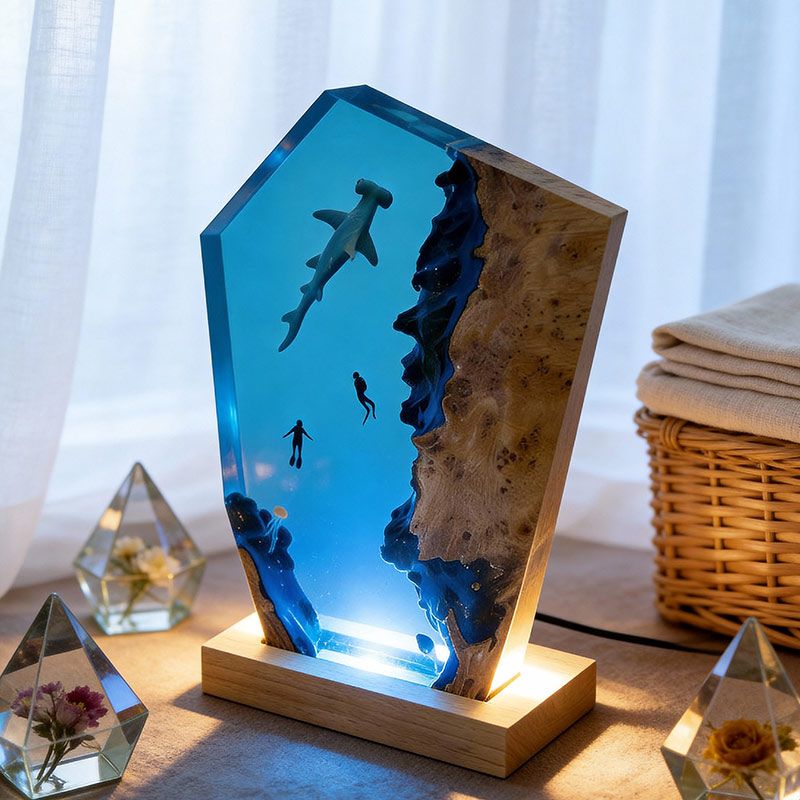 Captivating Marine Resin Lamp: Hammerhead Shark & Divers Gift Idea