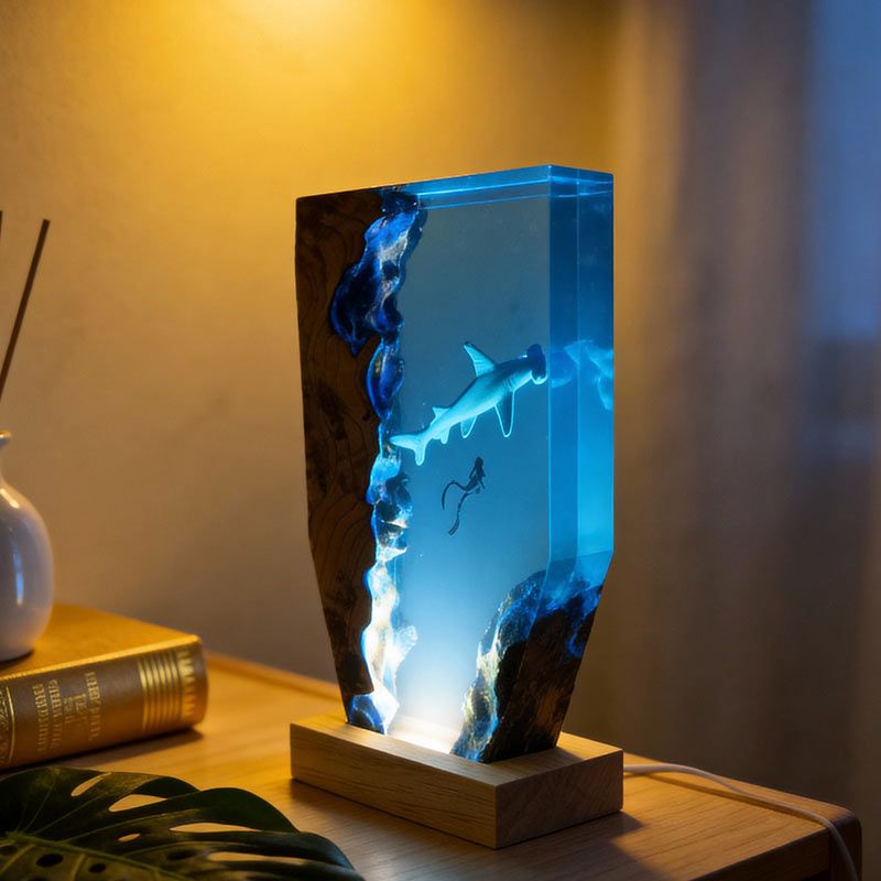 Ocean Whimsy Hammerhead Shark & Diver Artisan Resin Lamp Home Decor Present