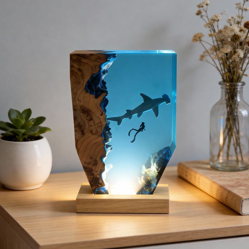 Ocean Whimsy Hammerhead Shark & Diver Artisan Resin Lamp Home Decor Present