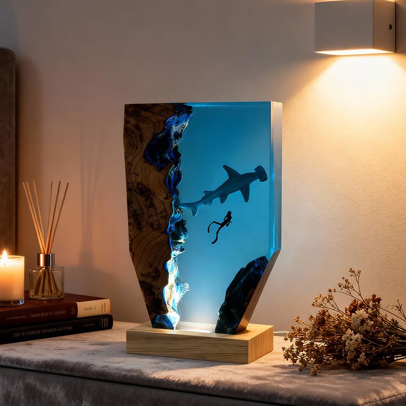 Ocean Whimsy Hammerhead Shark & Diver Artisan Resin Lamp Home Decor Present