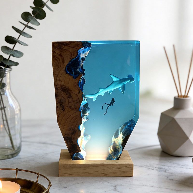 Ocean Whimsy Hammerhead Shark & Diver Artisan Resin Lamp Home Decor Present