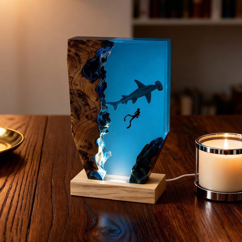 Ocean Whimsy Hammerhead Shark & Diver Artisan Resin Lamp Home Decor Present