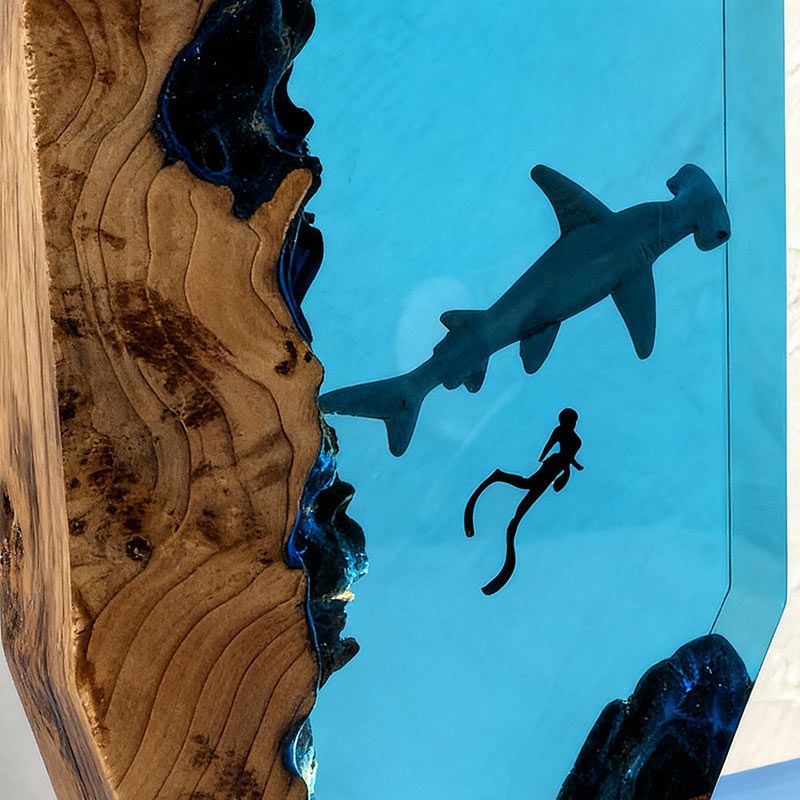Ocean Whimsy Hammerhead Shark & Diver Artisan Resin Lamp Home Decor Present