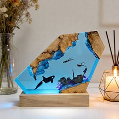 Orca & Diver Resin Lamp Abyssal Marine Art for Desk Decor