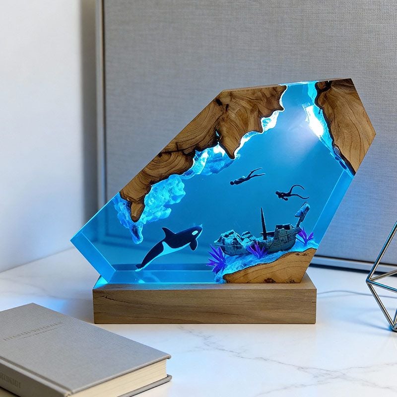 Orca & Diver Resin Lamp Abyssal Marine Art for Desk Decor
