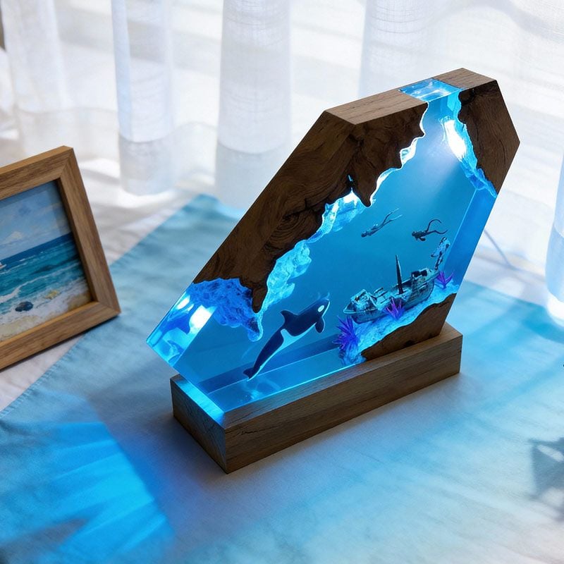 Orca & Diver Resin Lamp Abyssal Marine Art for Desk Decor