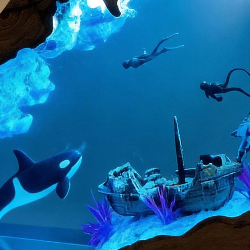 Orca & Diver Resin Lamp Abyssal Marine Art for Desk Decor
