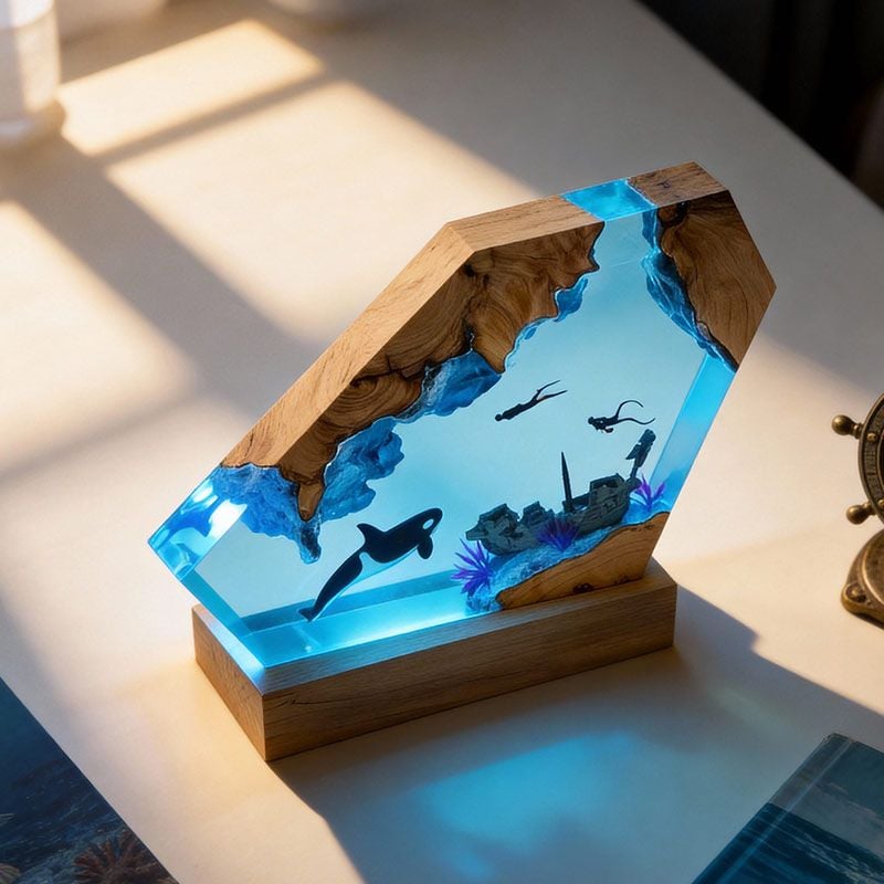 Orca & Diver Resin Lamp Abyssal Marine Art for Desk Decor