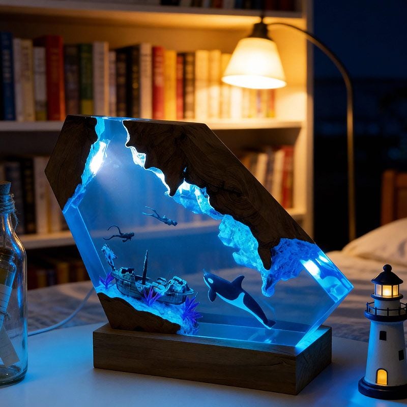 Orca & Diver Resin Lamp Abyssal Marine Art for Desk Decor