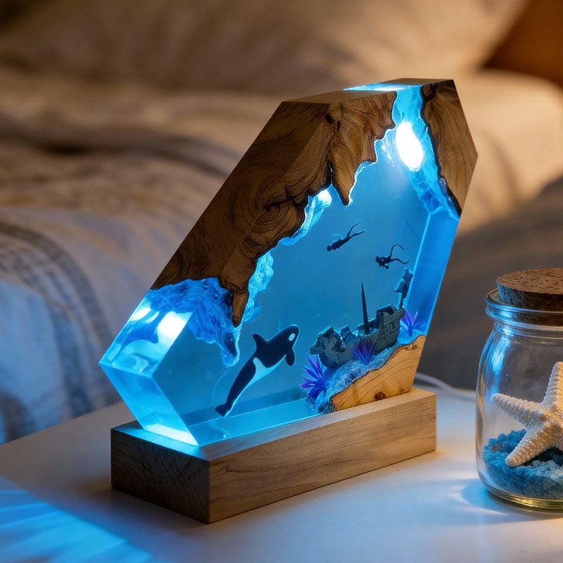 Orca & Diver Resin Lamp Abyssal Marine Art for Desk Decor