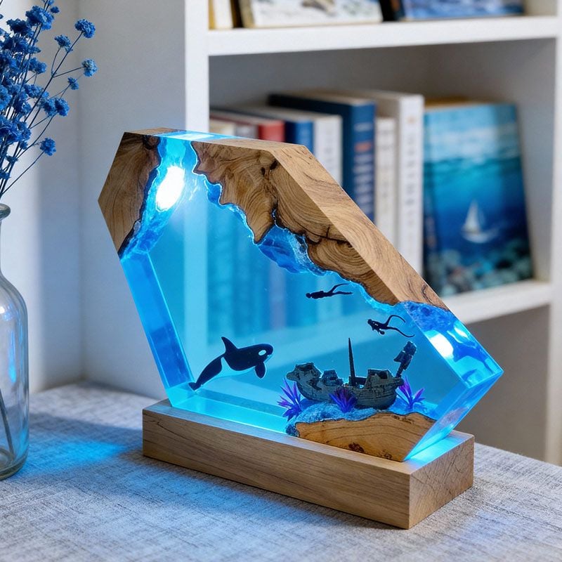 Orca & Diver Resin Lamp Abyssal Marine Art for Desk Decor