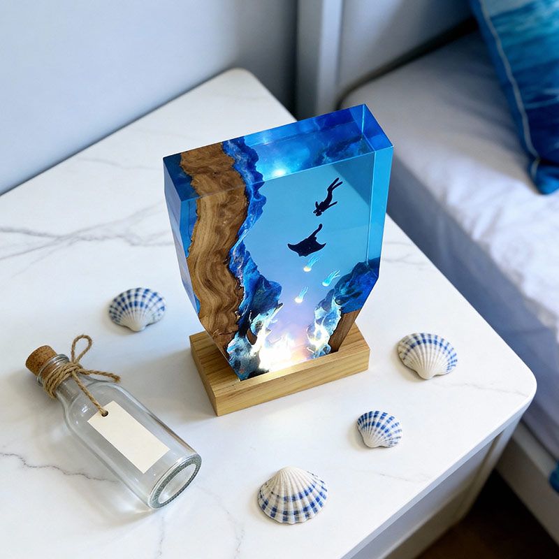 Ethereal Jellyfish & Manta Ray Resin Lamp ORYNAVA Artisan Art Decor