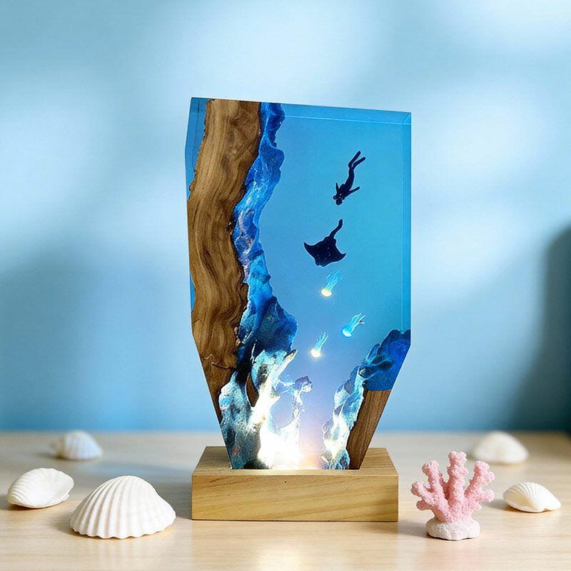 Ethereal Jellyfish & Manta Ray Resin Lamp ORYNAVA Artisan Art Decor