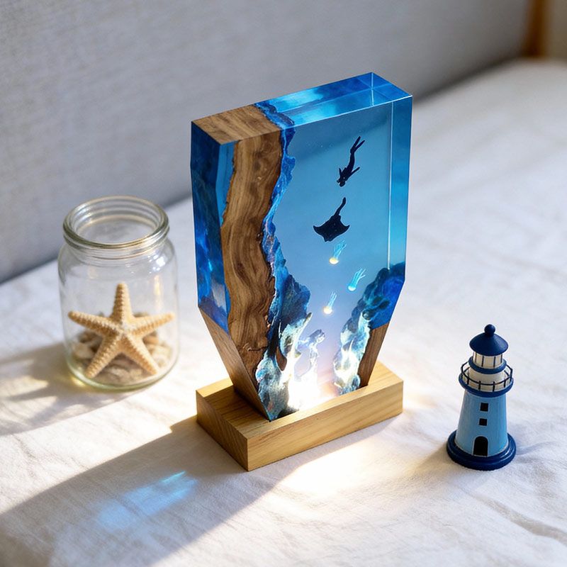 Ethereal Jellyfish & Manta Ray Resin Lamp ORYNAVA Artisan Art Decor