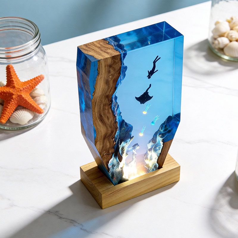 Ethereal Jellyfish & Manta Ray Resin Lamp ORYNAVA Artisan Art Decor
