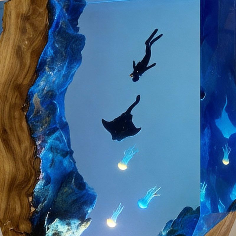 Ethereal Jellyfish & Manta Ray Resin Lamp ORYNAVA Artisan Art Decor