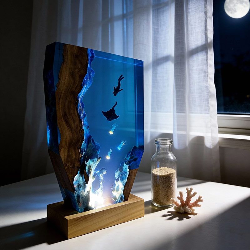 Ethereal Jellyfish & Manta Ray Resin Lamp ORYNAVA Artisan Art Decor