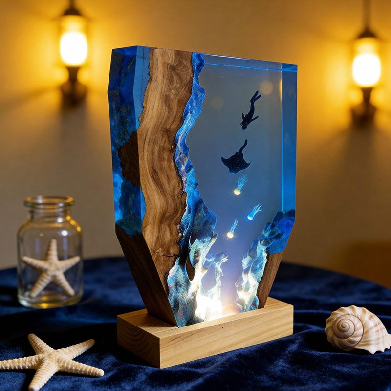 Ethereal Jellyfish & Manta Ray Resin Lamp ORYNAVA Artisan Art Decor