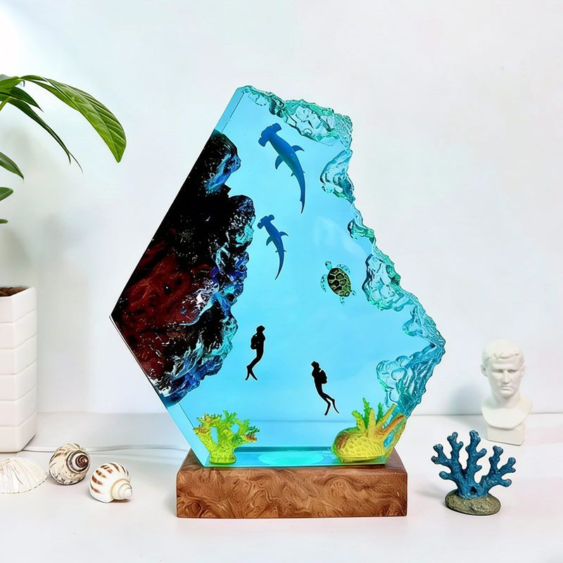 Couple Hammerhead Shark Resin Lamp Artisan Epoxy Wood Night Light Decor