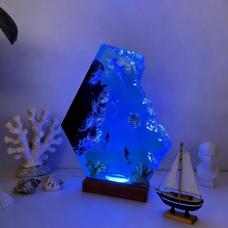 Couple Hammerhead Shark Resin Lamp Artisan Epoxy Wood Night Light Decor