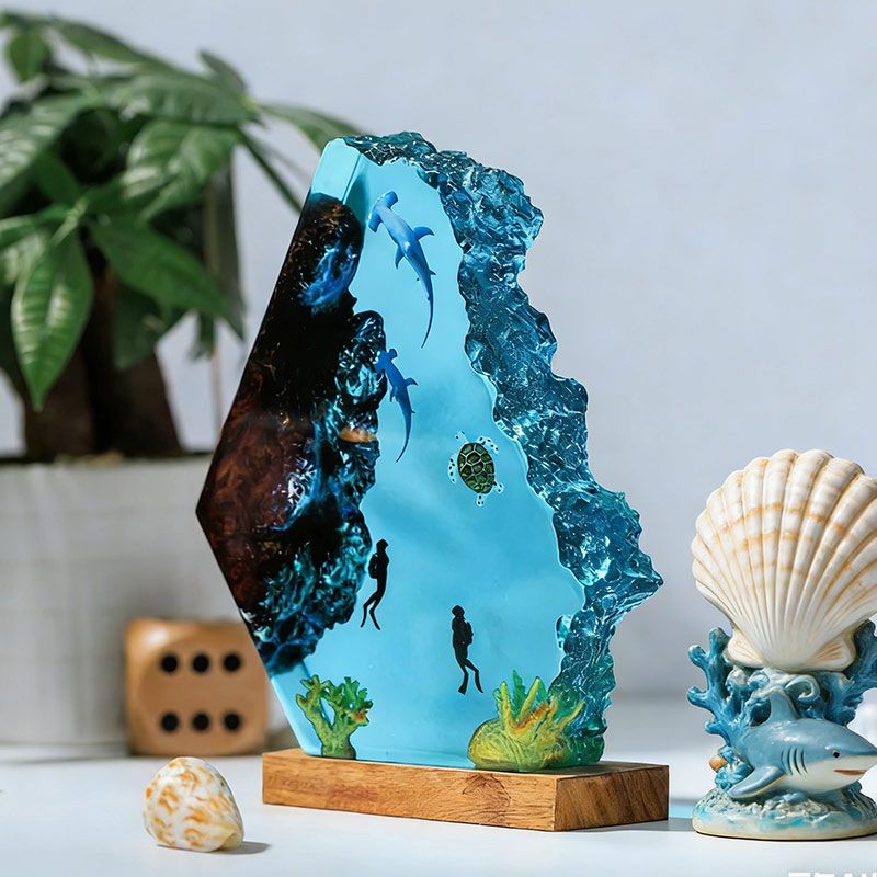 Couple Hammerhead Shark Resin Lamp Artisan Epoxy Wood Night Light Decor