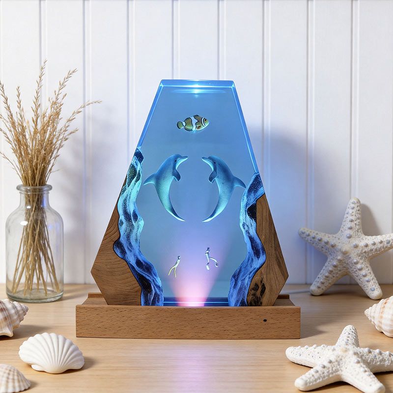 Dolphin & Diver Resin Lamp – Handcrafted Night Light for Bedroom