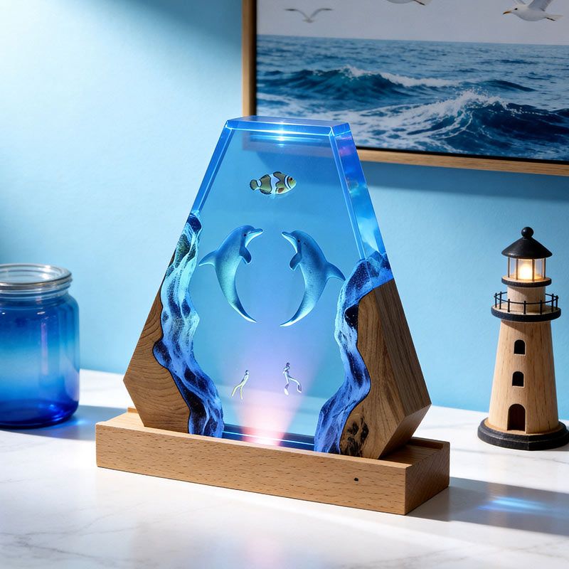Dolphin & Diver Resin Lamp – Handcrafted Night Light for Bedroom