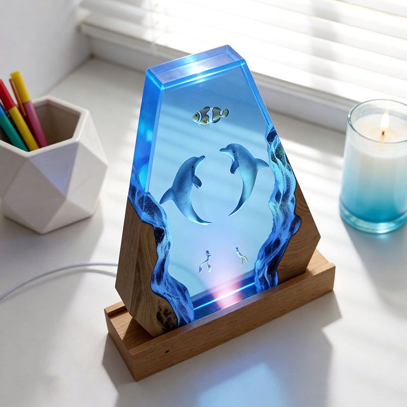 Dolphin & Diver Resin Lamp – Handcrafted Night Light for Bedroom