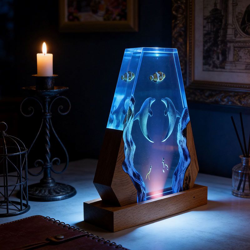 Dolphin & Diver Resin Lamp – Handcrafted Night Light for Bedroom