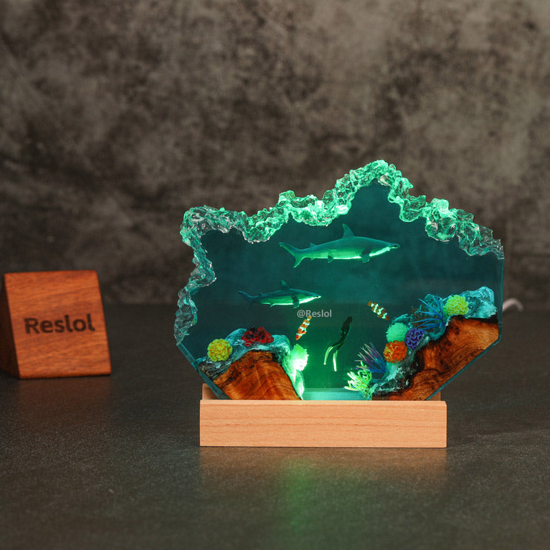 Hammerhead Shark & Diver Resin Lamp Handmade Night Light for Ocean Lovers