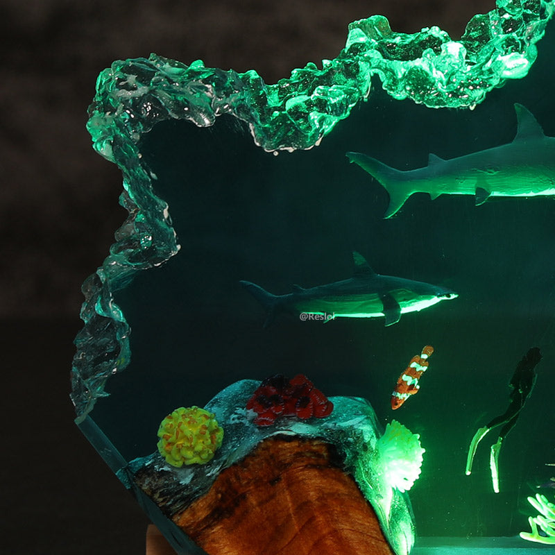 Hammerhead Shark & Diver Resin Lamp Handmade Night Light for Ocean Lovers