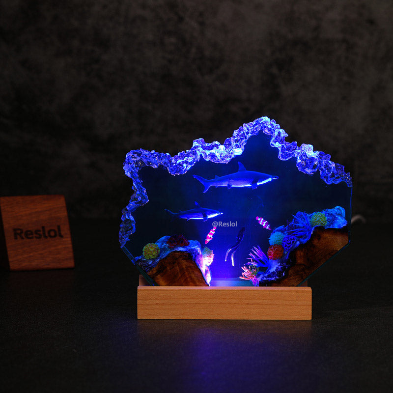 Hammerhead Shark & Diver Resin Lamp Handmade Night Light for Ocean Lovers