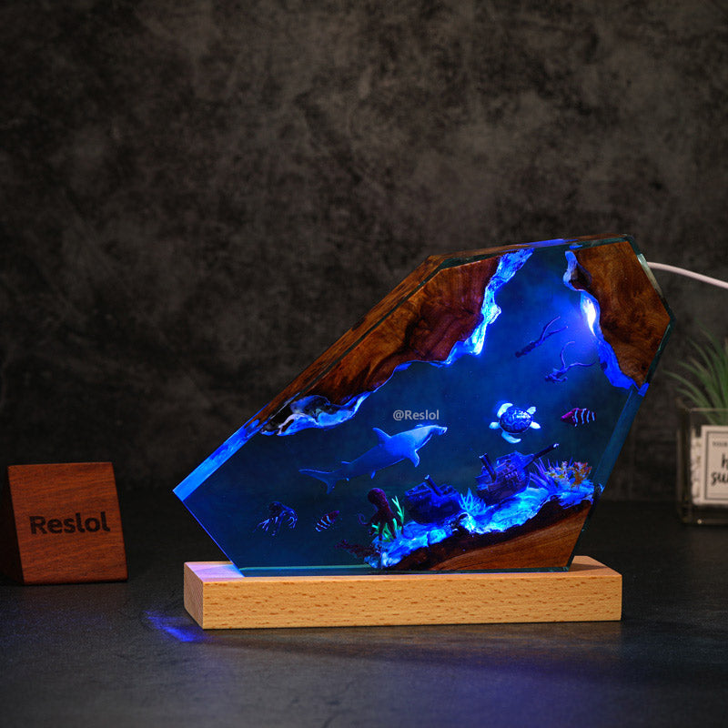 Hammerhead Shark & Shipwreck Resin Lamp Ocean Diorama Deep Sea Art