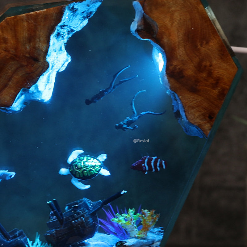 Hammerhead Shark & Shipwreck Resin Lamp Ocean Diorama Deep Sea Art