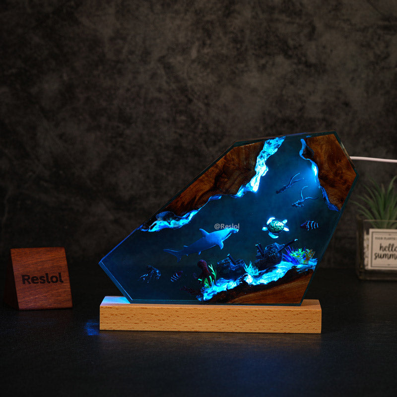 Hammerhead Shark & Shipwreck Resin Lamp Ocean Diorama Deep Sea Art