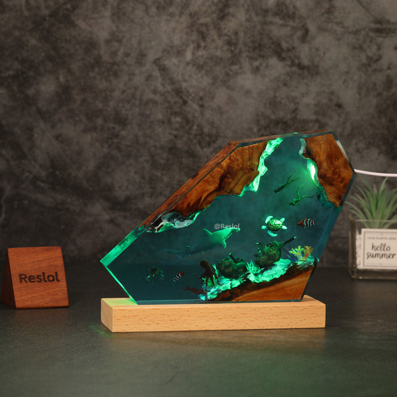 Hammerhead Shark & Shipwreck Resin Lamp Ocean Diorama Deep Sea Art